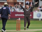 Schofield tumbles over in surprise at the thought of actually taking a wicket
