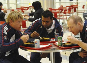 Ian Bell just about managed to get a small portion of lasagne before Samit filled his extra special large plate.